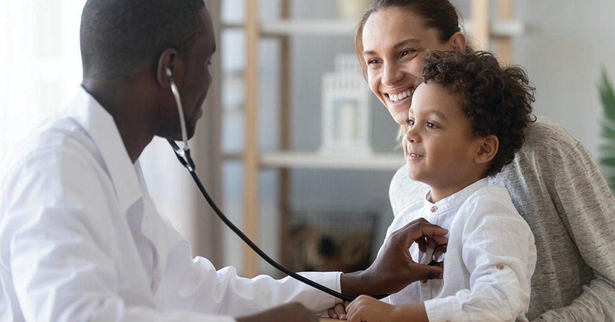 African male pediatrician hold stethoscope exam child boy patient visit doctor with mother, black paediatrician check heart lungs of kid do pediatric checkup in hospital children medical care concept